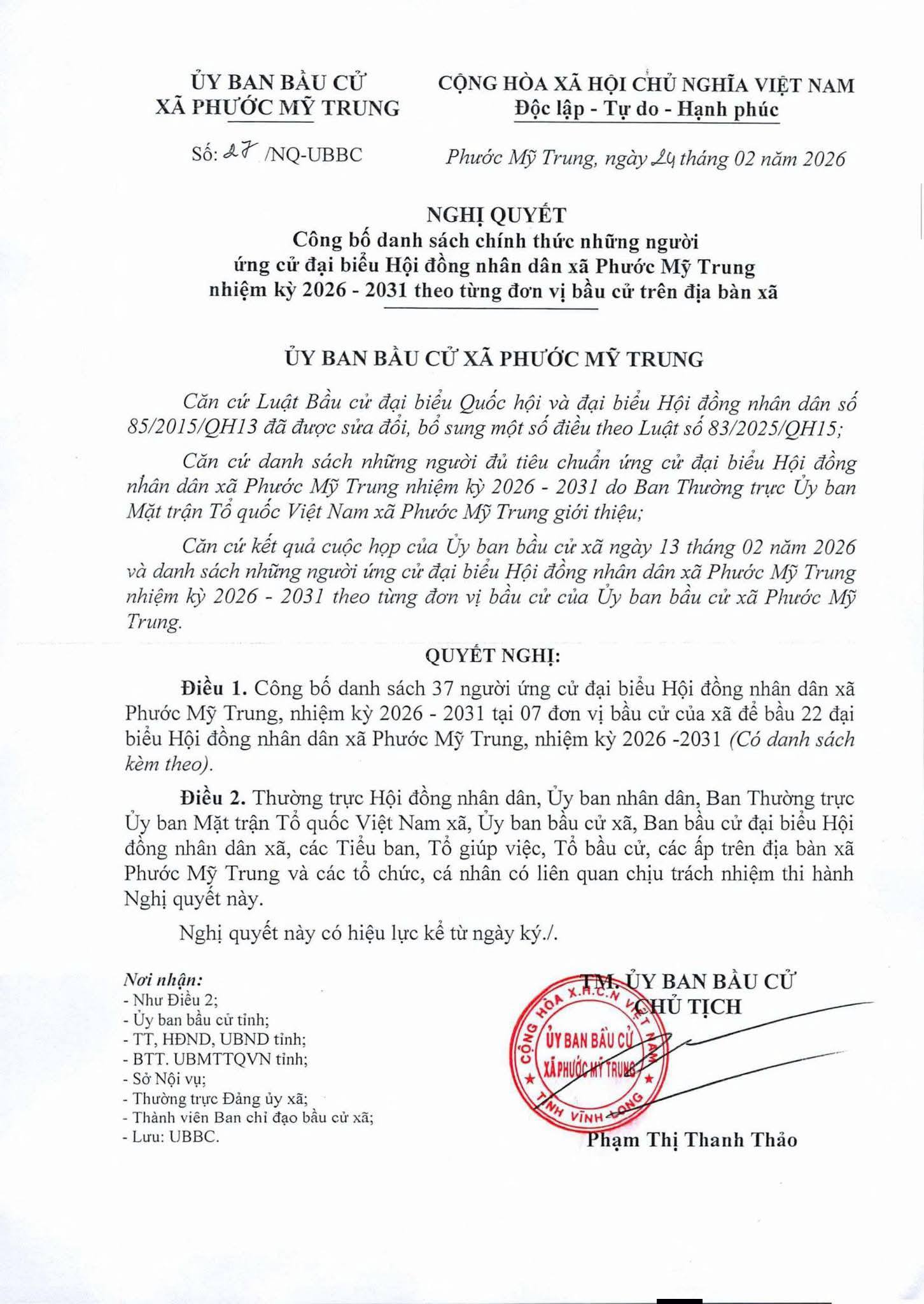  TIỂU SỬ TÓM TẮT CỦA ỨNG CỬ VIÊN ỨNG CỬ ĐẠI BIỂU HỘI ĐỒNG NHÂN DÂN XÃ PHƯỚC MỸ TRUNG KHÓA II, NHIỆM KỲ 2026 - 2031.